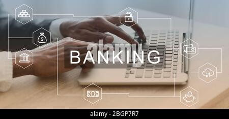 Icone relative al word BANKING e alla finanza sullo sfondo di un uomo d'affari che digita su laptop, collage Foto Stock