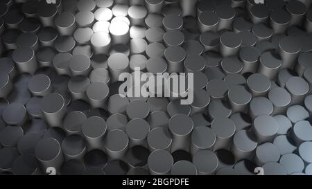 Rendering 3D di superfici geometriche metalliche cilindriche astratte nello spazio virtuale. Forme geometriche disposte casualmente. Sfondo luminoso e bello m Foto Stock