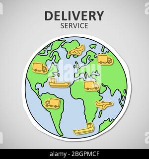Trasporto e distribuzione di merci. Globo con diversi tipi di veicoli di consegna su sfondo grigio. Illustrazione Foto Stock