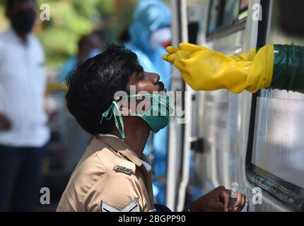 Chennai, India. 22 aprile 2020. Un operatore sanitario che indossa tuta protettiva raccoglie i tamponi da un poliziotto presso un pulmino mobile COVID-19 a Chennai, India, 22 aprile 2020. Il ministero federale della salute indiano il mercoledì sera ha detto che 12 nuovi decessi dovuti al COVID-19, oltre a 487 nuovi casi positivi, sono stati segnalati dalla mattina in tutto il paese, portando il numero di decessi a 652 e totale casi a 20,471. Credit: Str/Xinhua/Alamy Live News Foto Stock