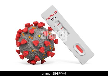 Test anticorpale COVID-19 con coronavirus. Rendering 3D isolato su sfondo bianco Foto Stock