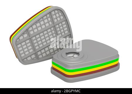 Cartucce respiratori, scatole filtro, rendering 3D isolato su sfondo bianco Foto Stock