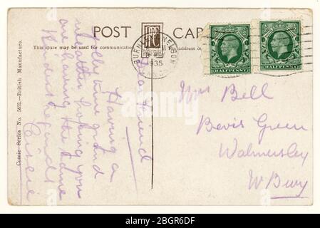 Posted Posted Posted da Burnley, Lancashire, Inghilterra, Regno Unito con 2 francobolli George V, 1935 Foto Stock