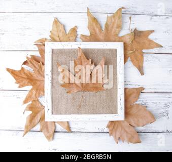 Struttura in legno con foglie essiccate su fondo in legno Foto Stock