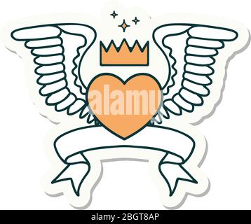 adesivo in stile tatuaggio con banner di un cuore con ali Illustrazione Vettoriale