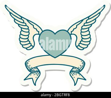 adesivo in stile tatuaggio con banner di un cuore con ali Illustrazione Vettoriale