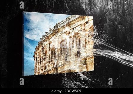 Stampa tela con tecnica di avvolgimento galleria, spruzzi d'acqua, gocce su sfondo nero. Foto di viaggio, decorazioni a parete. Foto con rivestimento protettivo o idrogepro Foto Stock