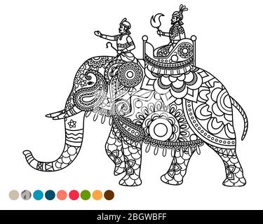 Pagina di colorazione antistress maharaja indiano seduta su elefante decorato mandala ornamento e campioni di colori Illustrazione Vettoriale