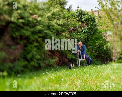 Foto tilt-shift di un uomo anziano seduto su sedia bianca in un bellissimo giardino giocando con un gatto scattando foto sullo smartphone Foto Stock