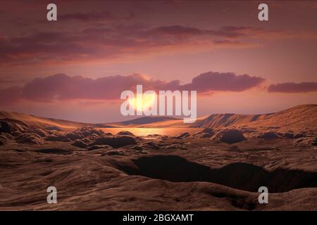 Un team di scienziati transatlantici, utilizzando dati rianalizzati dal telescopio spaziale Kepler della NASA, ha scoperto un esoplanet di dimensioni terrestri che orbita nella zona abitabile della sua stella, l'area intorno a una stella dove un pianeta roccioso potrebbe sostenere l'acqua liquida. L'illustrazione di questo artista mostra come potrebbe apparire Kepler-1649c dalla sua superficie. Gli scienziati scoprirono questo pianeta, chiamato Kepler-1649c quando guardarono attraverso le vecchie osservazioni di Kepler, che l'agenzia si ritirò nel 2018. Mentre le ricerche precedenti con un algoritmo informatico lo hanno erroneamente identificato, i ricercatori che rivedono i dati Kepler hanno preso un secondo sguardo al sig Foto Stock