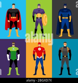 Costumi supereroi. Set vettoriale di vestiti per super eroi Illustrazione Vettoriale
