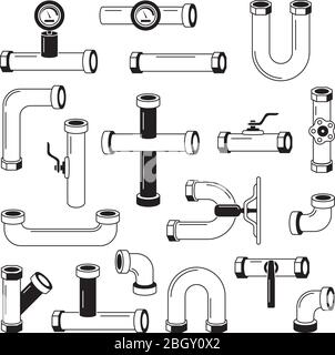 Utensili per tubazioni dell'acqua isolati su bianco. Immagini monocromatiche. Illustrazione di tubazioni e tubi, tubazioni e attrezzature idrauliche con silhouette vettoriale Illustrazione Vettoriale