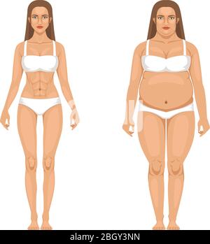 Perdita di peso della donna con lo sport e la dieta. Illustrazioni vettoriali in stile cartoon. Donna trasformazione del corpo, sovrappeso e sottile Illustrazione Vettoriale