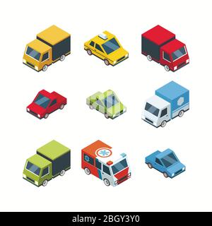 Set di auto isometriche in stile cartoon. Illustrazione isometrica 3d dell'automobile di trasporto, ambulanza del veicolo vettoriale e furgone del carico Illustrazione Vettoriale