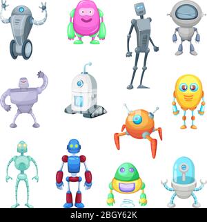 Personaggi di robot divertenti in stile cartoon. Set di mascotte vettoriali di androidi e astronauti. Macchina di caratteri android, robot con antenna illustrazione Illustrazione Vettoriale