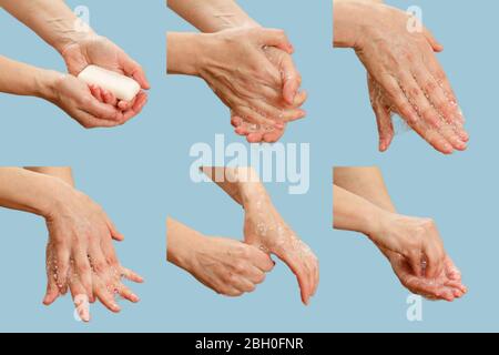 Collage di una donna lavando le mani con sapone su uno sfondo blu. La pulizia corretta delle mani protegge dalle infezioni. Concetto di igiene e pulizia. Foto Stock