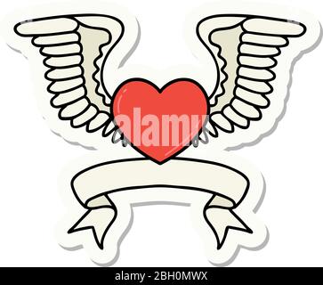 adesivo in stile tatuaggio con banner di un cuore con ali Illustrazione Vettoriale