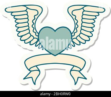 adesivo in stile tatuaggio con banner di un cuore con ali Illustrazione Vettoriale