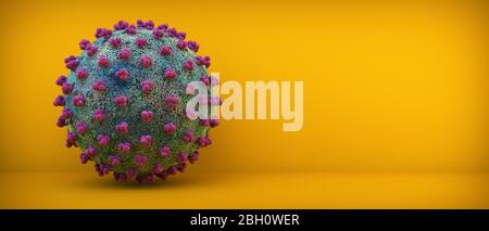 Illustrazione di coronavirus sul rendering 3d del backgroun giallo Foto Stock