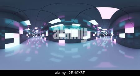 Panorama completo a 360 gradi equirettangolare hdri di moderno futuristico corridoio bianco interno 3d rendering illustrazione Foto Stock