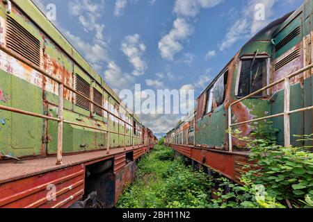 Abbandonati vecchi treni dall'era comunista in Albania Foto Stock