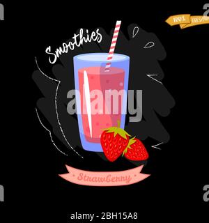 Vetro di frullati su sfondo nero. Fragola. Design estivo - ottimo per il design dei menu. Illustrazione vettoriale del succo di fragola Illustrazione Vettoriale