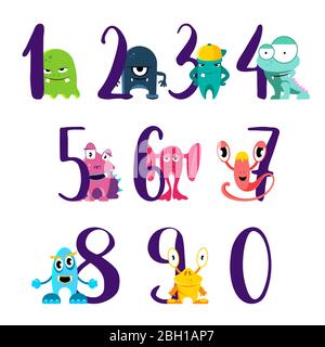 Numeri vettoriali per buon compleanno con simpatici mostri cartoon isolato su sfondo bianco. Illustrazione del numero di compleanno età con mostri Illustrazione Vettoriale