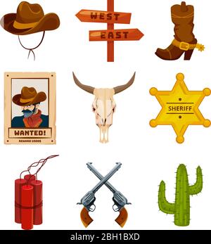 Icone della collezione Wild West. Illustrazioni occidentali in stile cartoon. Stivali, pistole, cactus e cranio. Stemma degli elementi selvaggi occidentali sceriffo Illustrazione Vettoriale