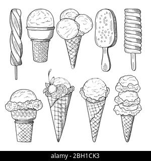 Set di illustrazioni disegnate a mano di gelati. Schizzo vettoriale. Collezione di doodle per il disegno di gelati Illustrazione Vettoriale