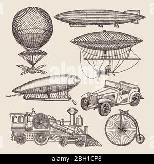 Illustrazioni di diversi trasporti retrò. Palloncini, zeppelin, macchine ed altri. Illustrazioni disegnate a mano nel trasporto aereo a vapore zeppelin e. Illustrazione Vettoriale