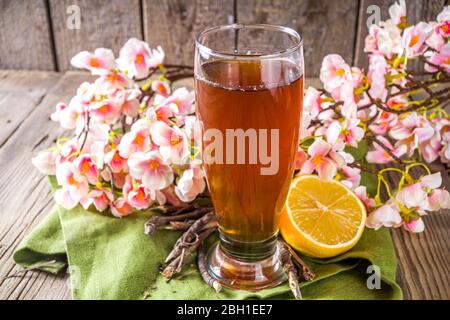 Bevanda indiana a sorbetto Nannari, o rinfrescante cocktail estivo alla limonata, bevanda infusa con radici sarsaparilla, sciroppo nannari, erbe, agrumi e spezie Foto Stock