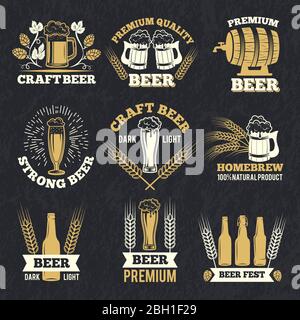 Le etichette della birreria si isolano su sfondo scuro. Modello di badge con posto per il testo. Bevanda alcolica, pub vintage premium, illustrazione vettoriale Illustrazione Vettoriale