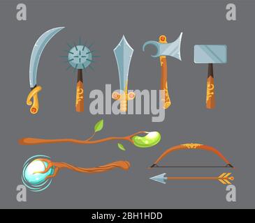 Set vettoriale di fantasy cartoon gioco disegno spade, assi, personale e arma di prua isolato su sfondo grigio. Illustrazione di armi medievali e magia Illustrazione Vettoriale