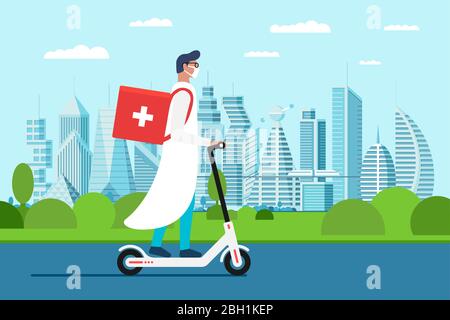 Farmacia per la consegna di medicinali. Giovane medico maschile in scooter elettrico guida uniforme con medico chirurgico sanitario scatola di primo soccorso sulla strada del paesaggio urbano. Illustrazione piatta del farmacista di emergenza Vector Illustrazione Vettoriale