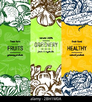 Vector vegan, sano, organico banner set con doodle abbozzato frutta e verdura. Frutta sana e verde illustrazione Illustrazione Vettoriale
