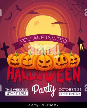 Poster di invito per la festa di Halloween. Illustrazioni vettoriali di simboli di Halloween. Zucche con emozioni diverse Illustrazione Vettoriale