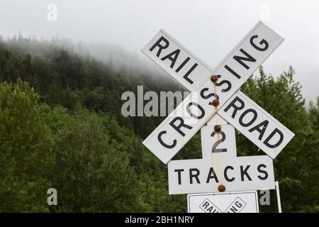 Cartello di attraversamento ferroviario con tre piste contro un pino e sfondo nebbioso cielo in Alaska Foto Stock