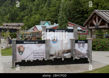 Benvenuto al cartello Skagway Foto Stock