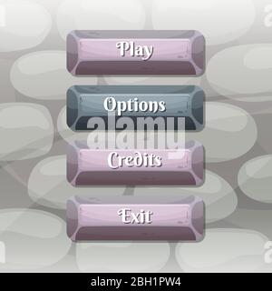 Pulsanti di stile cartoon vettoriale abilitati e disabilitati con testo per il disegno di gioco su immagine di sfondo texture pietra Illustrazione Vettoriale