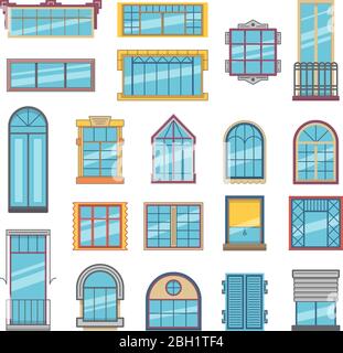 Balcone e finestre in legno o plastica con vetro. Illustrazioni architettoniche in stile piatto. Collezione vettoriale di finestre architettura esterna Illustrazione Vettoriale