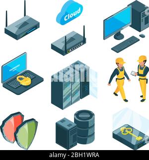 Set di icone isometriche di diversi sistemi elettronici per data center. Computer per data center di rete e dispositivi di connessione, illustrazione vettoriale Illustrazione Vettoriale