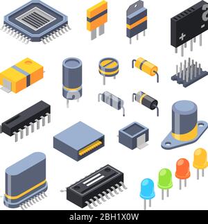 Condensatore, chip diversi, semiconduttori e componenti elettrici per parti elettroniche. Illustrazione della tecnologia dei componenti elettrici vettoriali Illustrazione Vettoriale