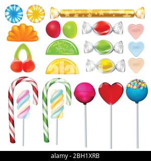 Diversi dolci e caramelle dallo zucchero. Immagini vettoriali realistiche impostate. Lecca lecca caramello, caramella dolce illustrazione spuntino Illustrazione Vettoriale