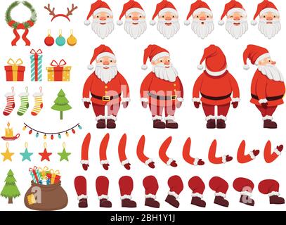 Mascot Creation kit di natale personaggio. Santa in diversi fotogrammi chiave. babbo Natale con barba in costume natalizio. Illustrazione vettoriale Illustrazione Vettoriale