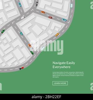 Mappa vettoriale della città con vista aerea dall'alto dall'illustrazione. Mappa stradale della città in alto, città urbana di strada con i trasporti Illustrazione Vettoriale