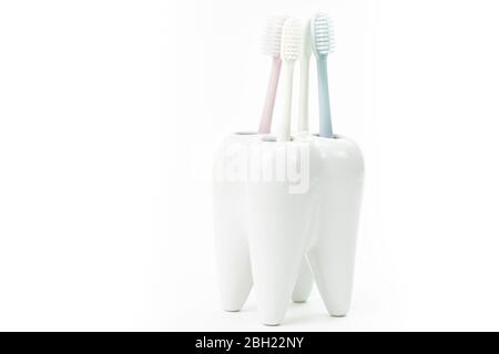 supporto per spazzolino a forma di dente primario con spazzolini colorati Foto Stock