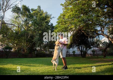 Uomo che gioca con il suo cane in giardino. Foto Stock