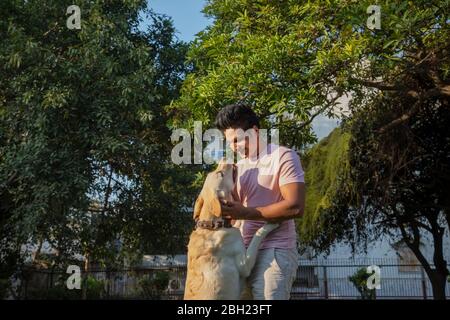 Uomo che gioca con il suo cane in giardino. Foto Stock