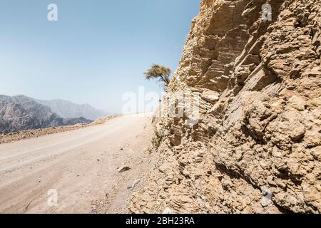 Oman, ad Dakhiliyah, strada sterrata vuota nella gola di Wadi Bani Awf Foto Stock