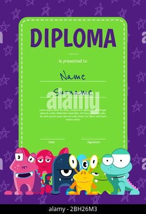 Vector verticale bambini diploma o certificato con folla di simpatici mostri cartoni animati su sfondo stelle, poster modello illustrazione Illustrazione Vettoriale